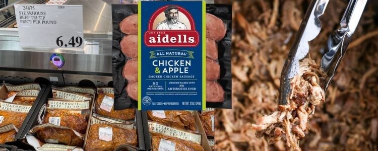 Image shows three images. On the left is Steakhouse tri tip in an open cooler at Costco. To the right is a tongful of pulled pork with more in the background. Over the center floats a package of aidells chicken and apple sausages.