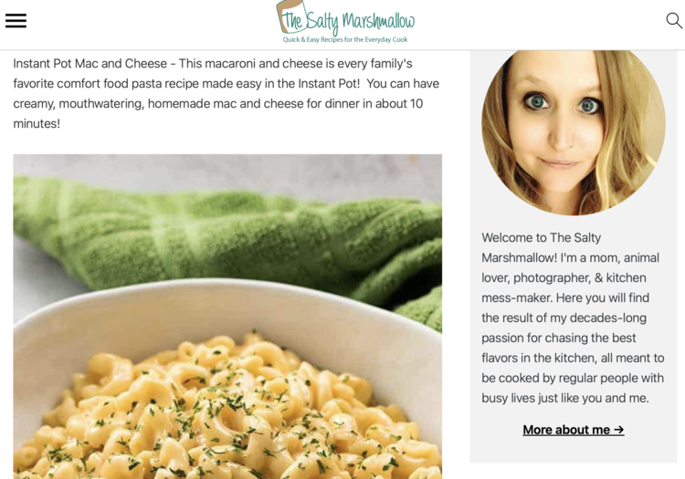 Image is a screenshot of the original recipe website showing part of the main image, the introductory paragraph, an image of the author, and her description.