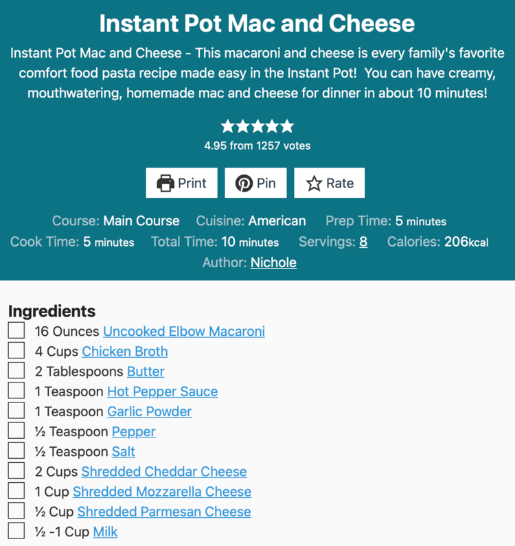 Image is a screenshot of the top of the recipe showing it's name, description, rating, details, and ingredients.