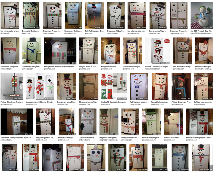 Grid of fridge photos all with snowmen on them.