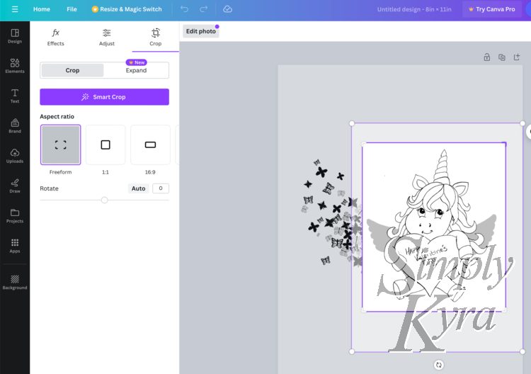 Image shows Canva with the unicorn image being resized over top of the heart butterfly image.