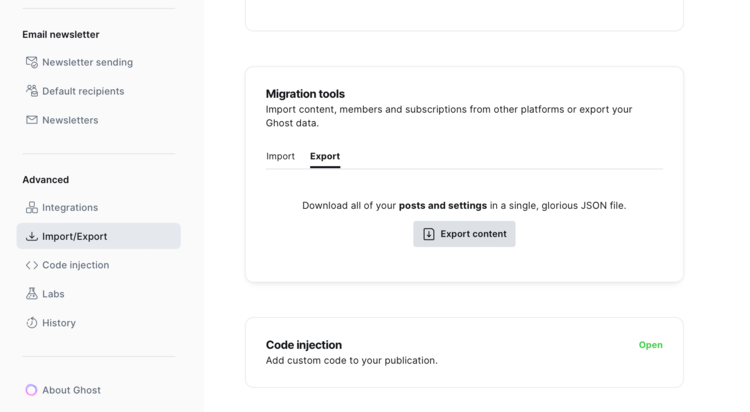 Image is a screenshot of the Migration Tools featuring the "Export content" button below export.
