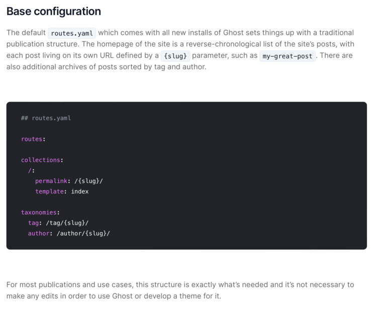 Image shows the text and code for the basic configuration of the routes.yaml file.