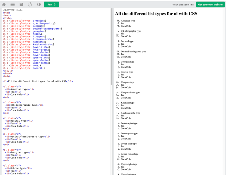 Screenshot of the editor website showing the html on the left and the resulting display on the right. 