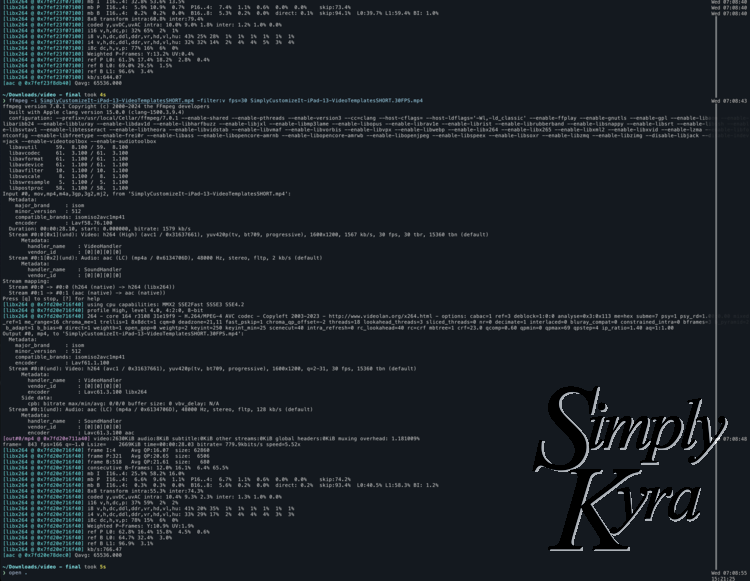 Screenshot of my terminal with all or part of multiple commands to FFmpeg to change the framerate from 60 fps to 30 fps..
