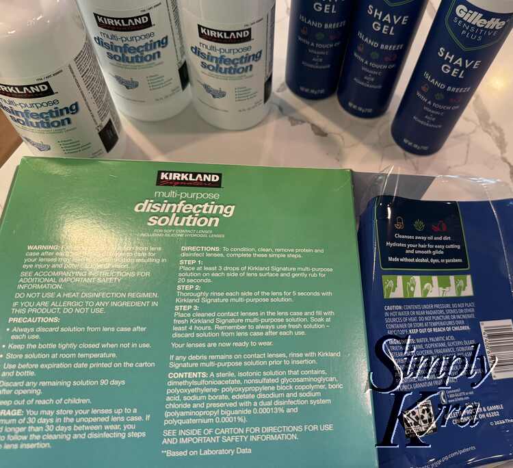 Image shows the back of both the Kirkland disinfecting solution and Gilette shave gel packages with the bottles behind it.