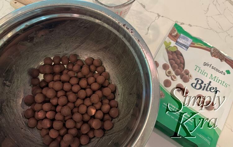 Same metal bowl with brown spheres in it next to a bag of girl scouts thin mints Bites.