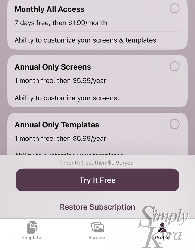 Image shows a screenshot showing some subscription choices, a "Try it Free" button, description of the currently selected subscription above, and restore purchases below.