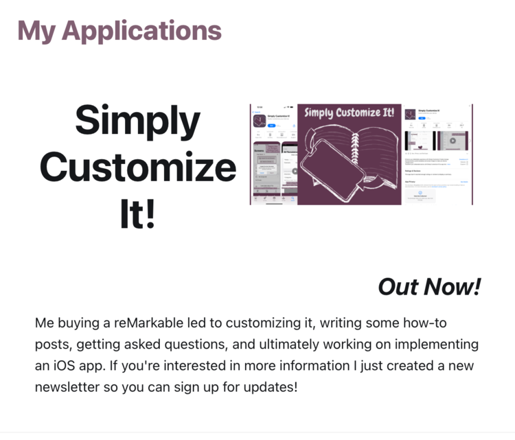 Screenshot shows "My Applications" with my app title and image then "out now!" followed by a description. 