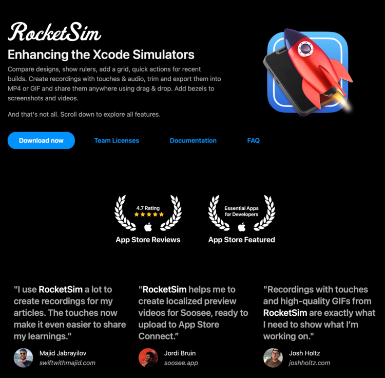 Image show the RocketSim name, app icon, description, rating, and reviews.