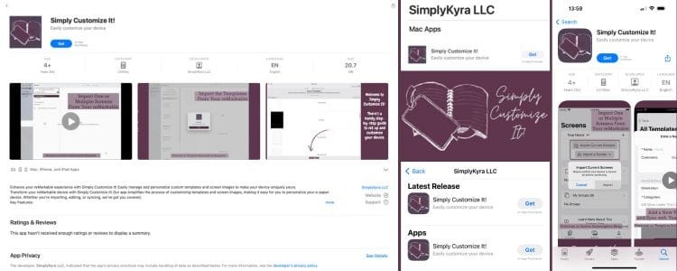 Image is a collage of five images showing the macOS App Store page on left, iOS store on right, and my developer view on both along with my app icon off-center.