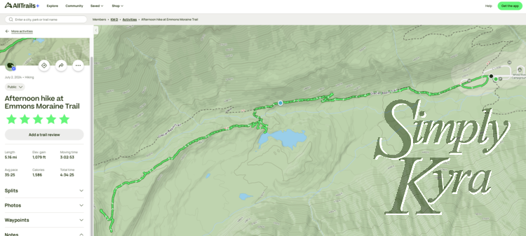 Screenshot of my AllTrails activity on the hike showing the stats on the left and map on the right.