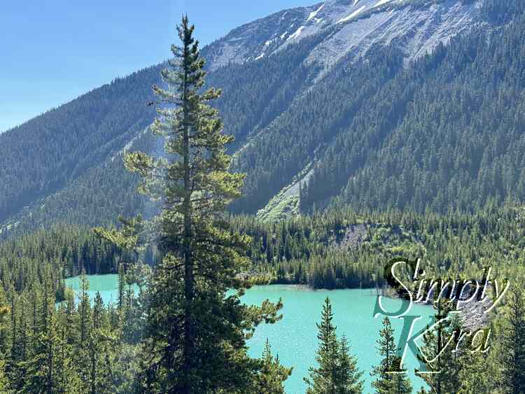 Lake with trees and sunbeam in front and mountains in the background.