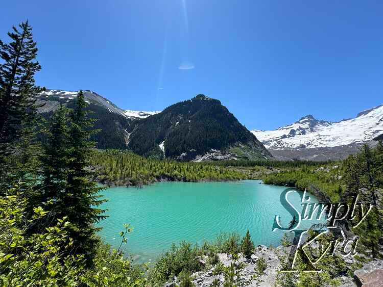 Epic landscape showing the lave with mountains and glacier in the background framed with green trees and rocks. 