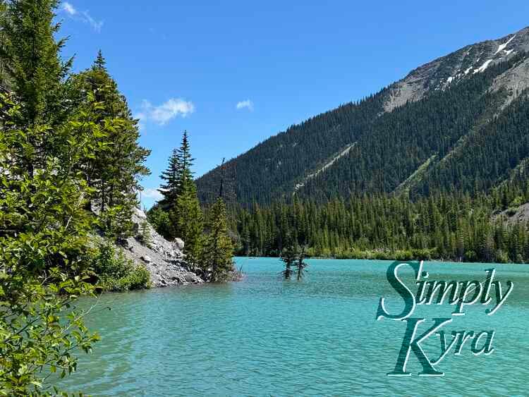 Sparkling mountain lake with trees, mountains, and glacier in background.