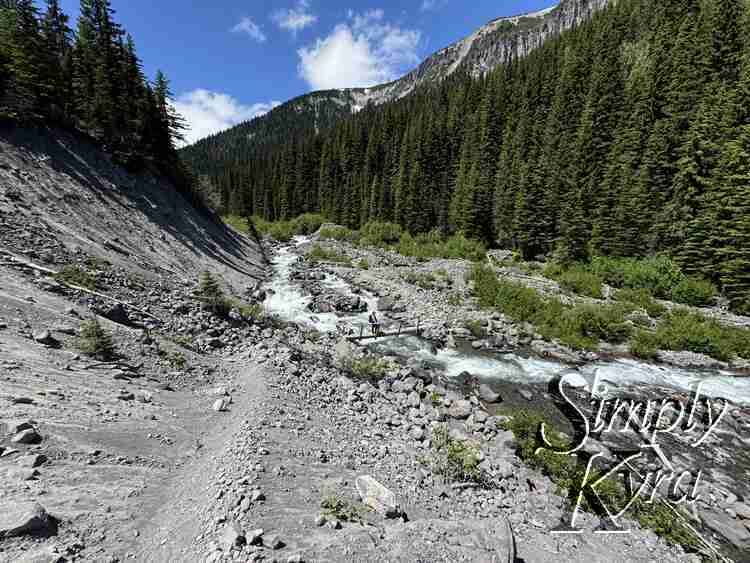 View from higher showing the switchbacks, river, and surrounding mountains and trees.