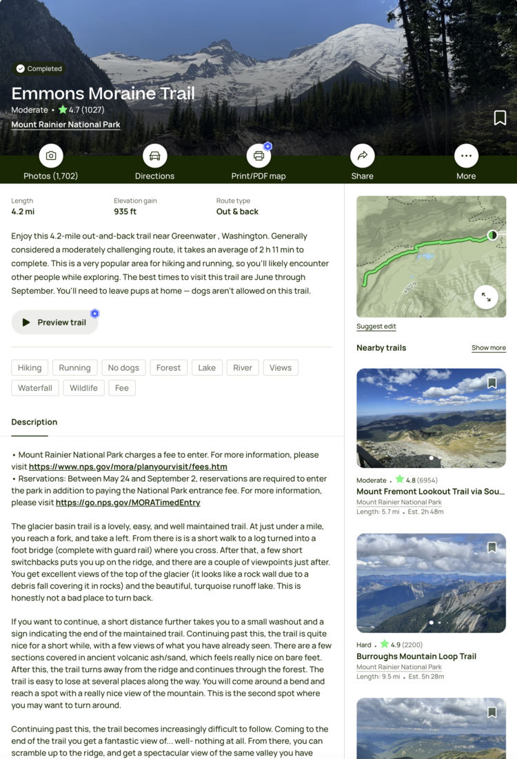 Screenshot of the hike information from AllTrails.