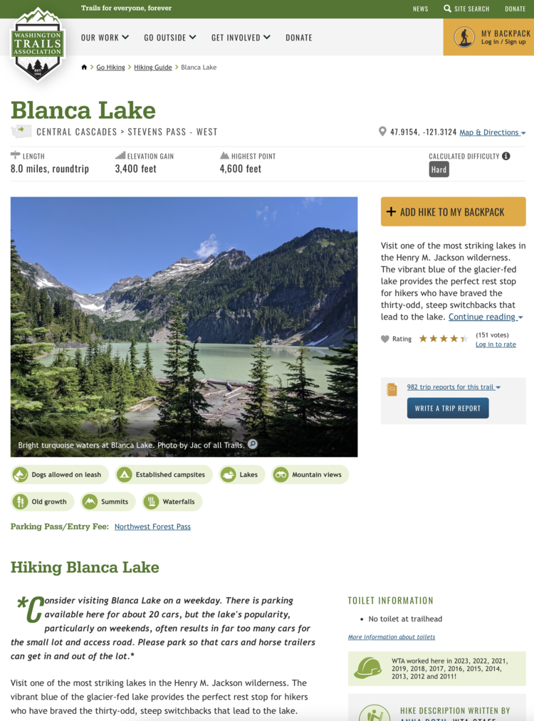 Screenshot showing an image of the lake, name, and information.