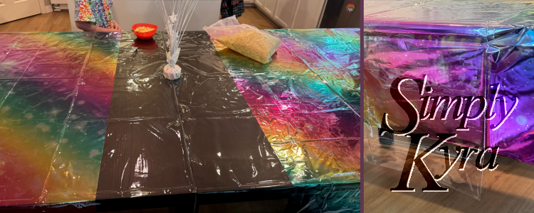 Collage of two images showing how the tablecloth looked on the table.