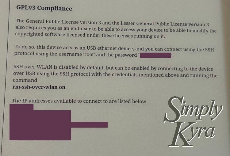 Photo shows the updated General Public License version 3 compliance paragraphs including the login credentials and the SSH over WLAN is disabled by default paragraph shown below. 