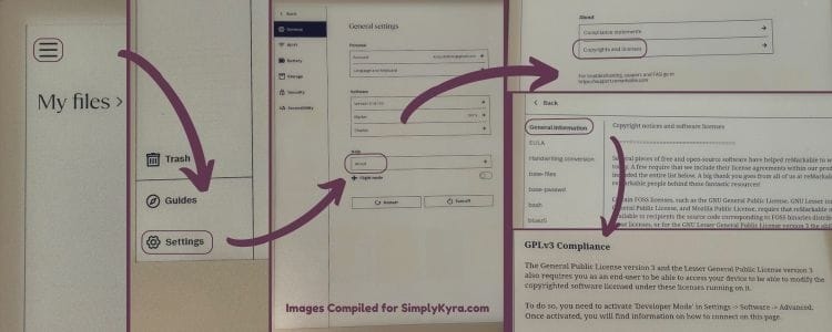 Collage showing the steps to go through to get to the General Public License version 3 Compliance section.