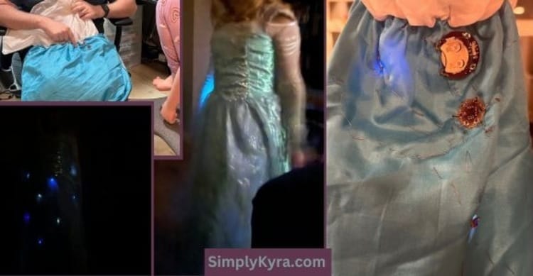 Image shows four view of Ada's dress. One being sewn, one in the dark, one in dimness, and the inside showing the electronics.