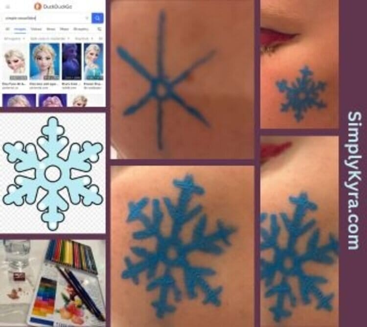 Image shows two screenshots, the watercolor pencils, and four images of snowflakes with the edge of the eye makeup.