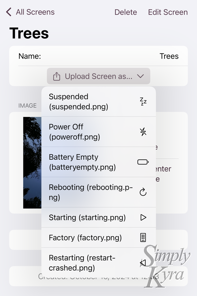 Image shows a tree image with a list of screens in a drop down menu.