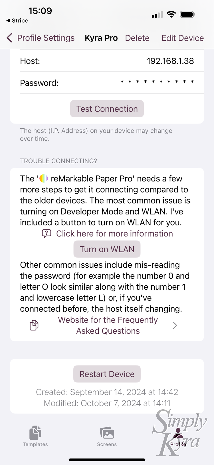 Image shows the newly updated iOS page for a new reMarkable Paper Pro connection. 