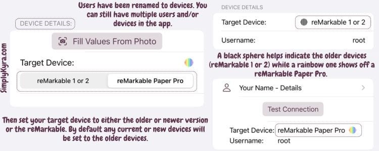 Image shows the changes highlighted in the renamed user to device and the added target device value. For more information read the section above and below this image.