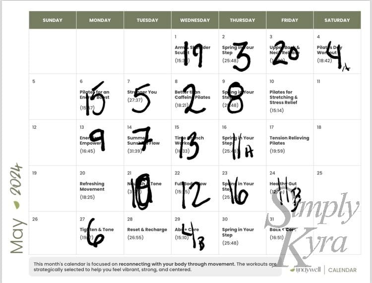 Image shows a Lindywell calendar page for May 2024. There are six workouts left to do for the month and the rest are marked off showing what day I did them on.