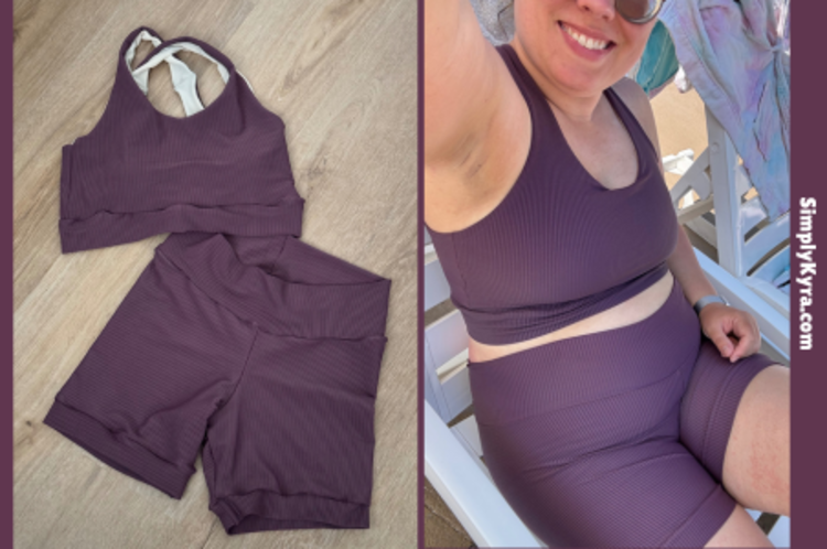 Image shows a collage of two photos showing the finished swim suit. 