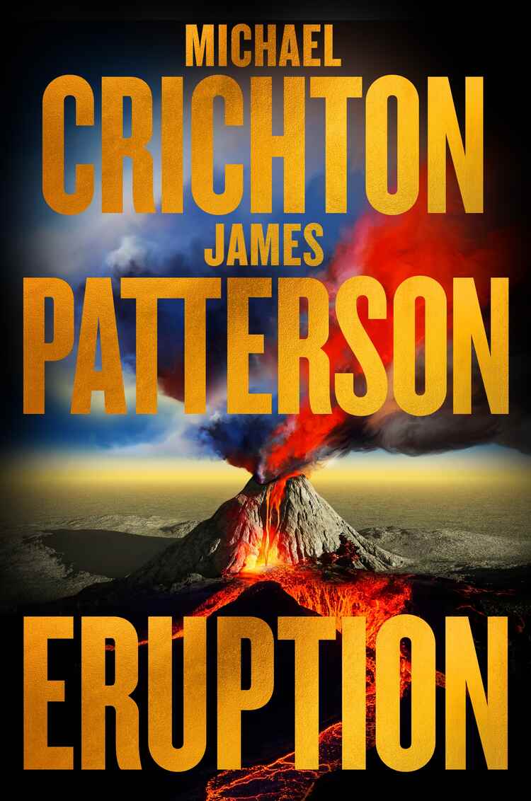 A volcanic eruption is seen behind the text.