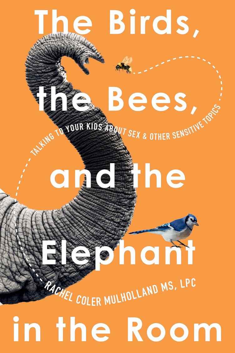 A yellow book with an elephant's trunk, a bee buzzing around, and a bird resting on the title.