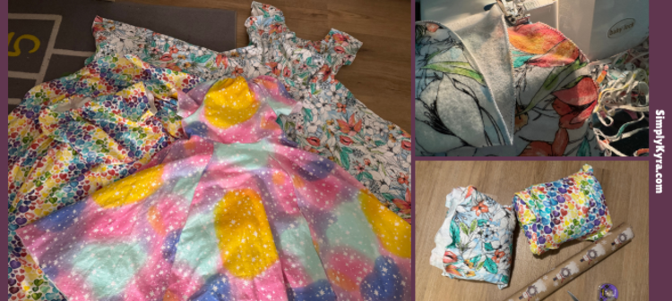 Image shows a collage of three photos showing the finished nightgowns, the bottom rolled hem, and the two folded about to be wrapped gift. 