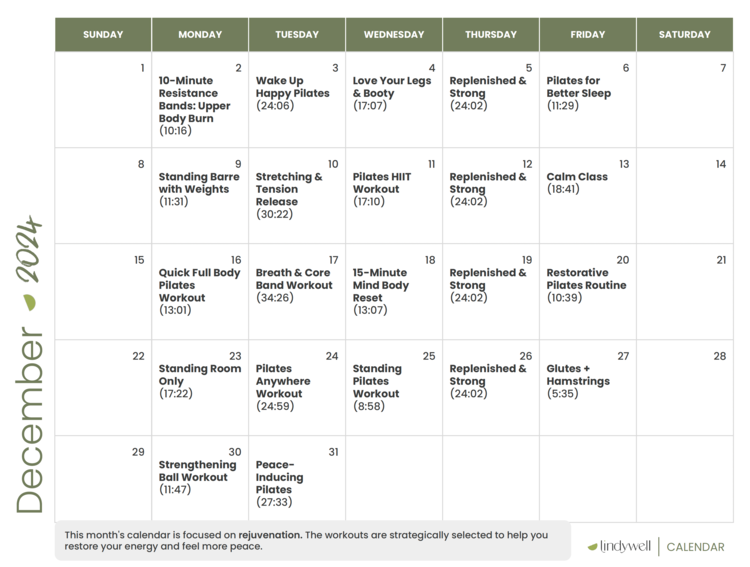 Image of last month's workout calendar (December 2024). 