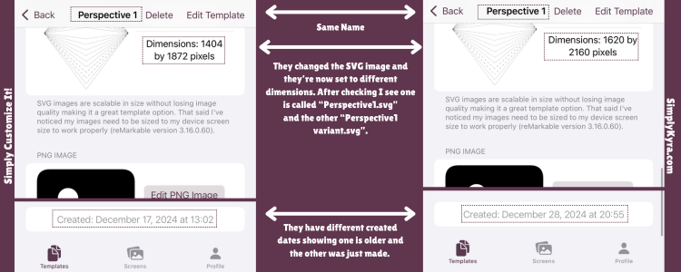 Collage showing the differences between the two "Perspective 1" templates in the app. 