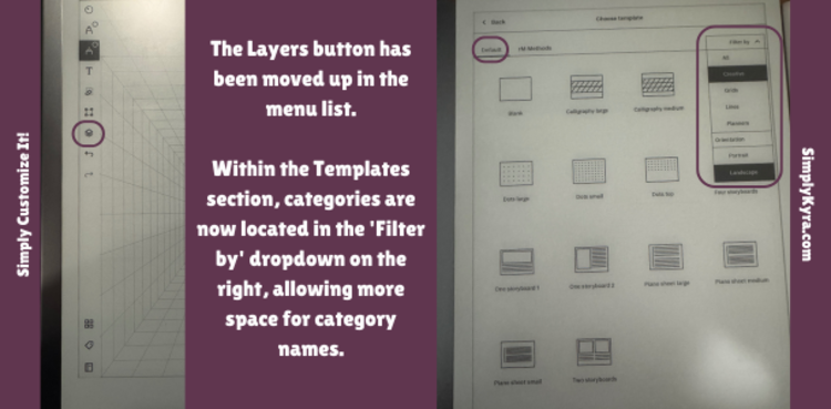 Image is a collage with text showing where the layer button is on the left and the new dropdown for the categories on the right.