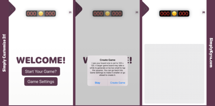 Image shows three collages showing, from left to right: the splash screen with two buttons, the alert warning you, and the game board.