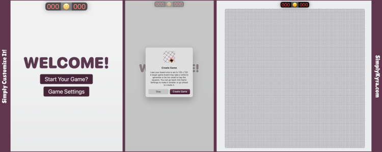 Image shows three collages showing, from left to right: the splash screen with two buttons, the alert warning you, and the game board.