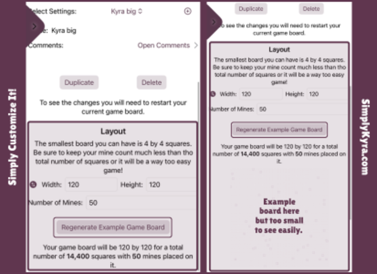 Collage of two images showing the layout section without (left) and with (right) the generated example board.