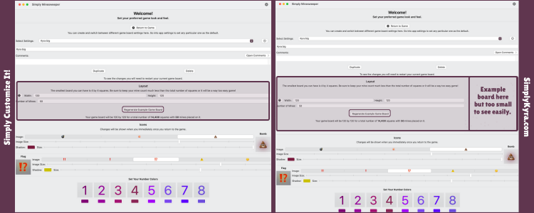 Collage of two images showing the layout section without (left) and with (right) the generated example board.